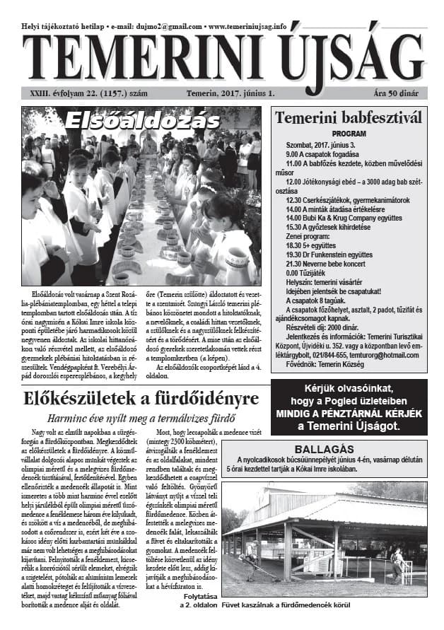 Temerini Újság, 23. évf. 2017. június 1. 22. sz.