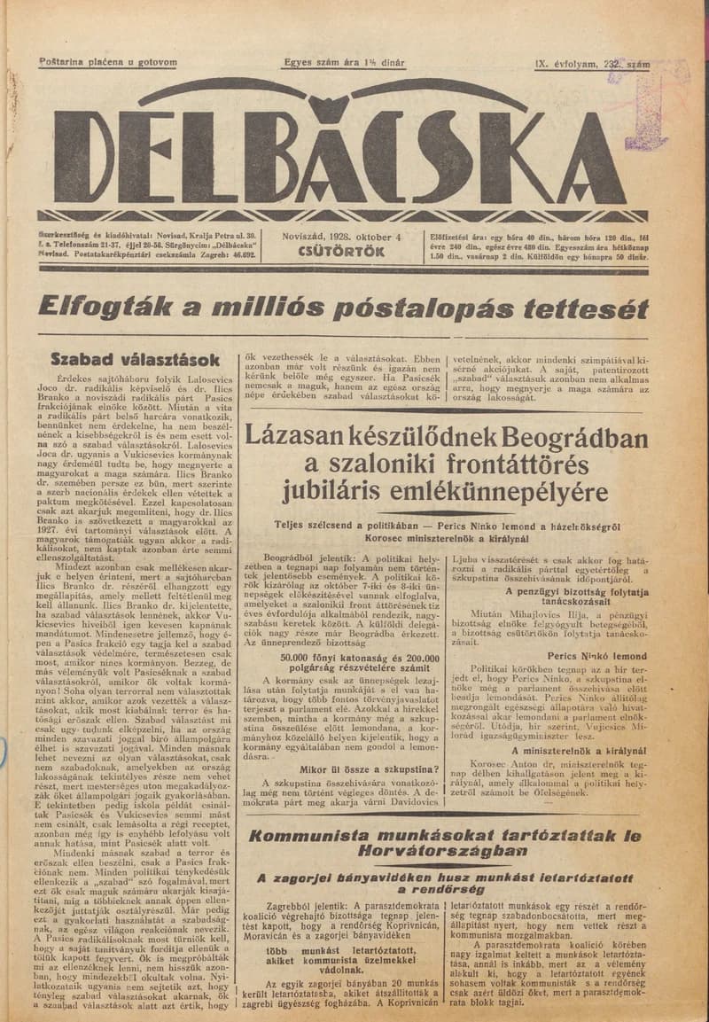 Délbácska, 9. évf. 1928. október 4. 232. sz.