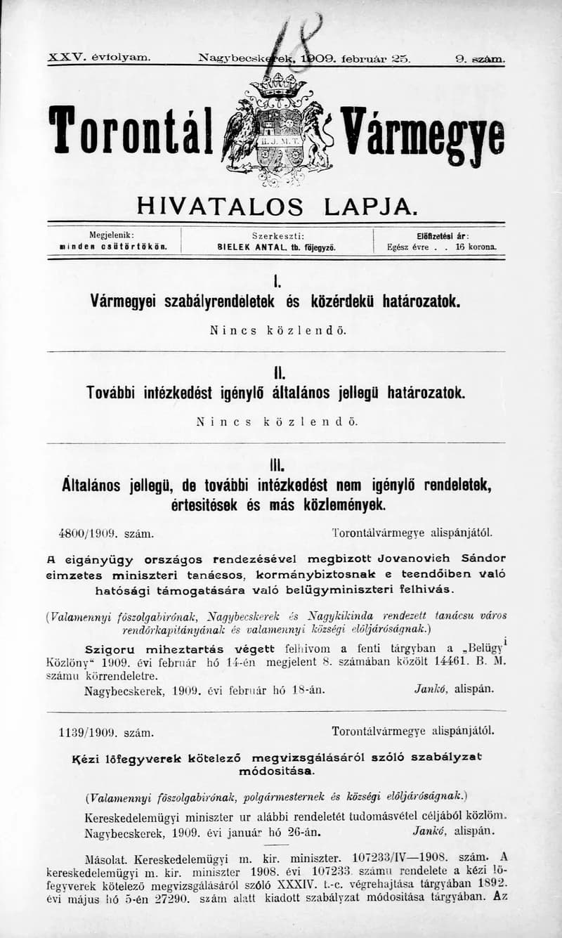 Torontál Vármegye Hivatalos Lapja, 25. évf. 1909. február 25. 9. sz.