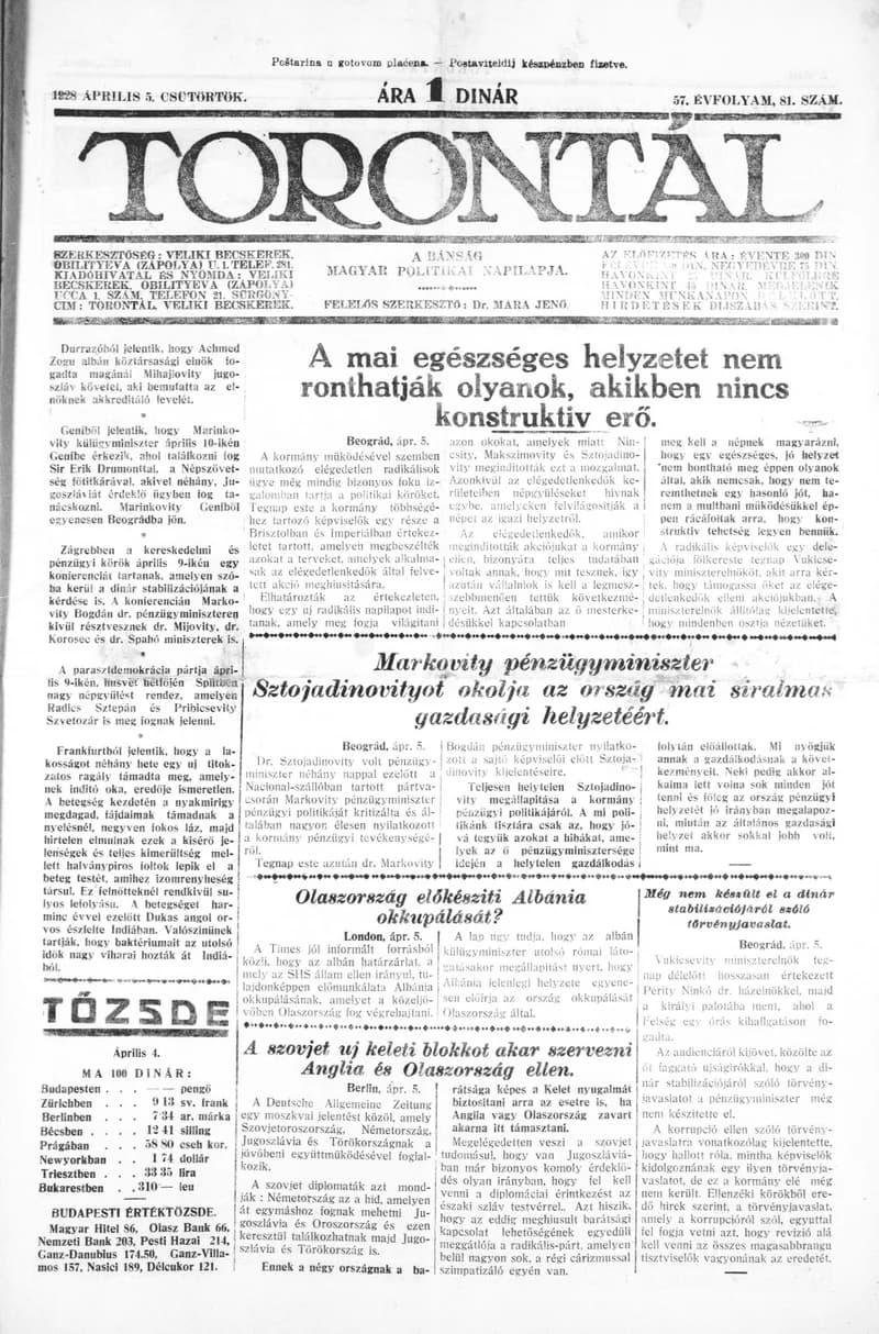 Torontál, 57. évf. 1928. április 5. 81. sz.