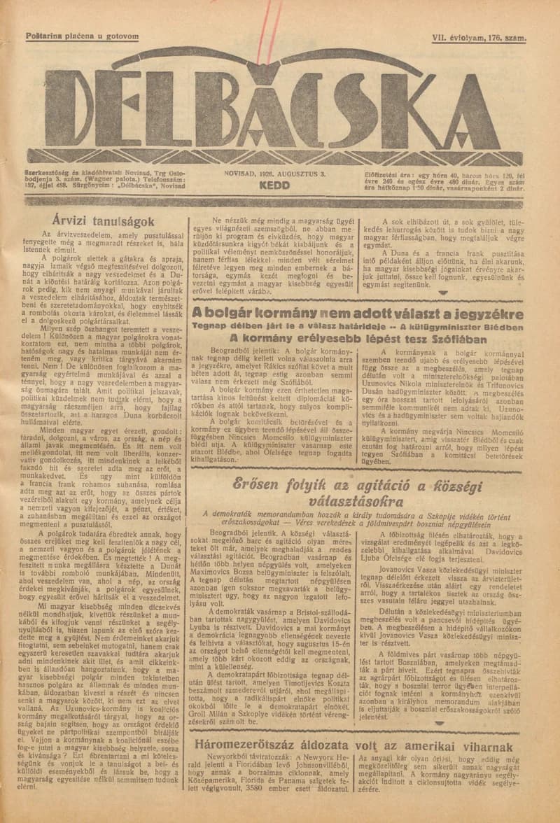 Délbácska, 7. évf. 1926. augusztus 3. 176. sz.
