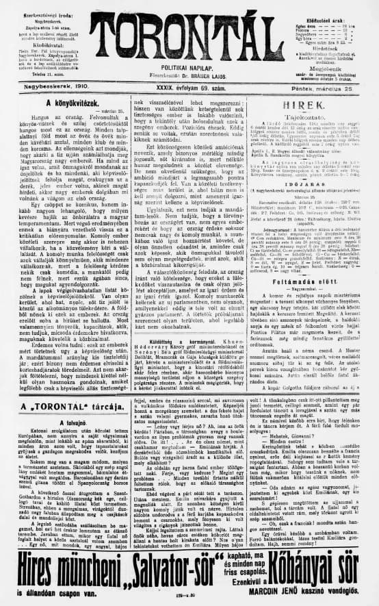 Torontál, 39. évf. 1910. március 25. 69. sz.