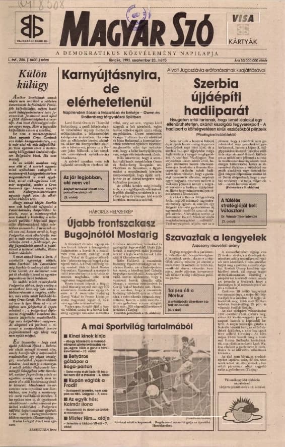 Magyar Szó, 50. évf. 1993. szeptember 20. 256. sz. 1–16. oldal
