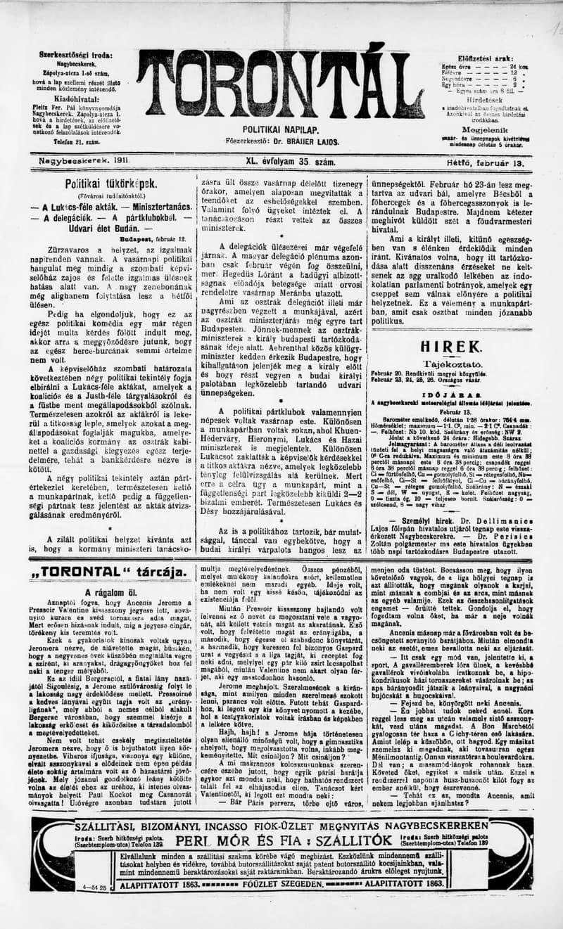 Torontál, 40. évf. 1911. február 13. 35. sz.