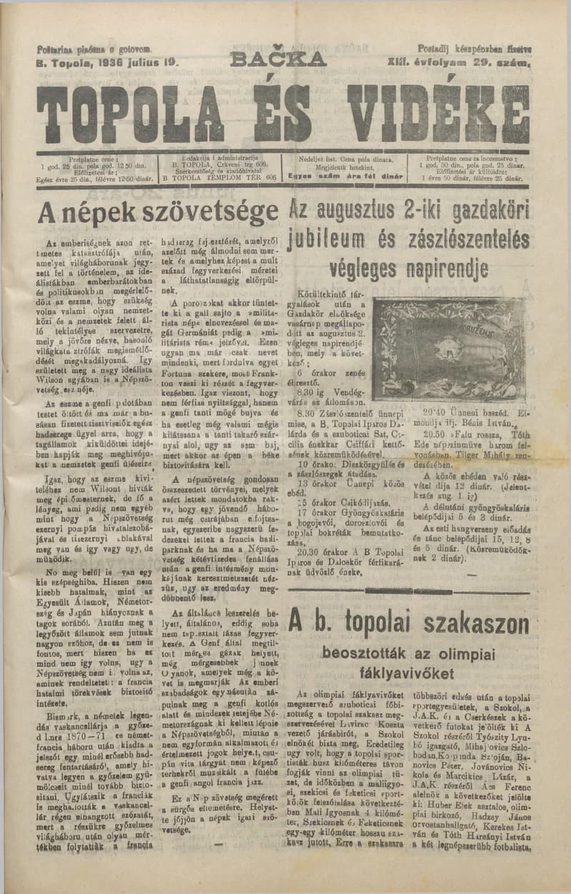 Bačka Topola és Vidéke, 13. évf. 1936. július 19. 29. sz.