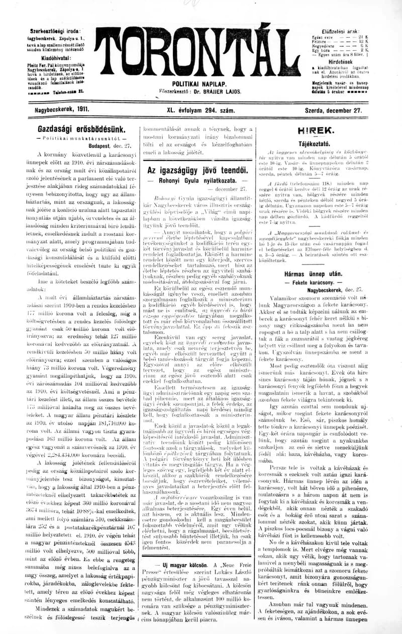 Torontál, 40. évf. 1911. december 27. 294. sz.