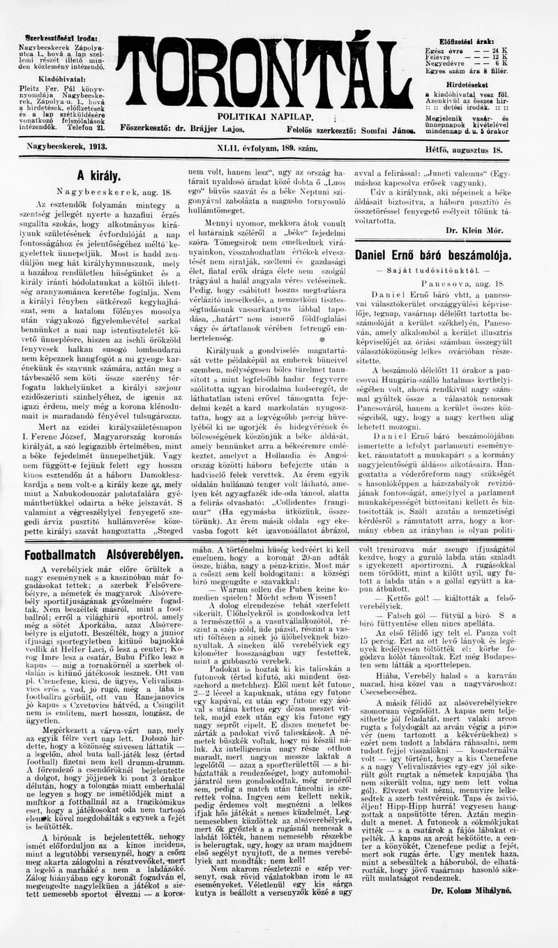 Torontál, 42. évf. 1913. augusztus 18. 189. sz.