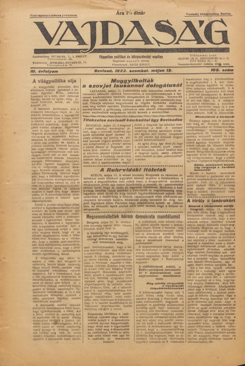 Vajdaság, 3. évf. 1923. május 12. 108. sz.