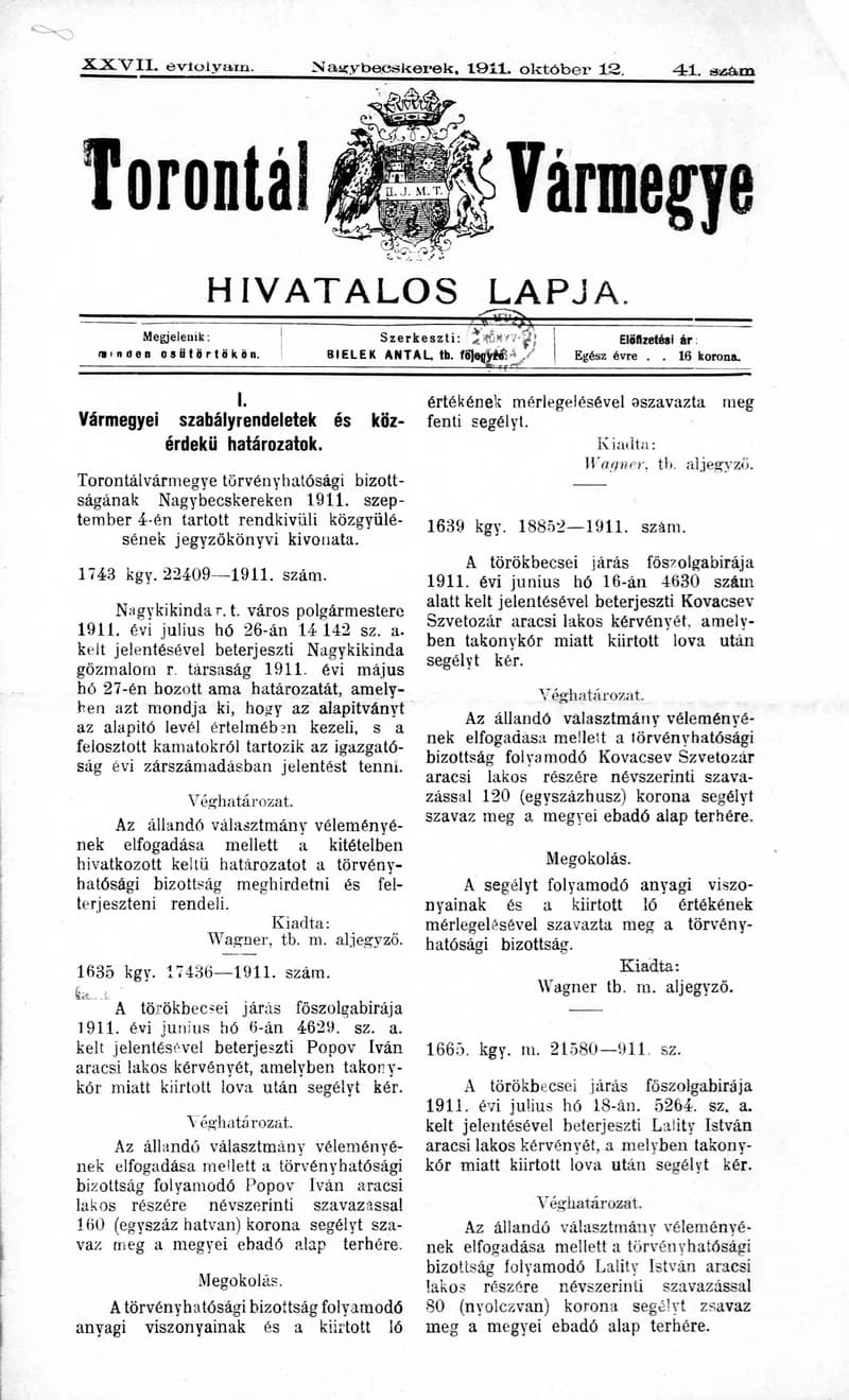 Torontál Vármegye Hivatalos Lapja, 27. évf. 1911. október 12. 41. sz.