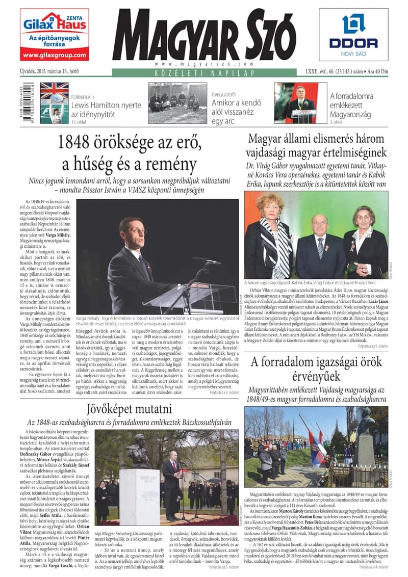 Magyar Szó, 72. évf. 2015. március 16. 60. sz. 1–20. oldal