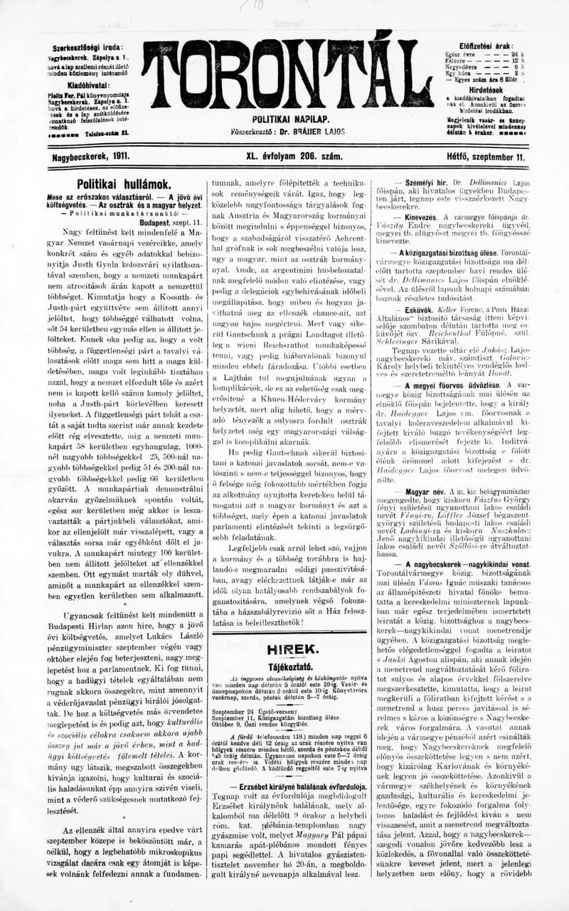 Torontál, 40. évf. 1911. szeptember 11. 206. sz.