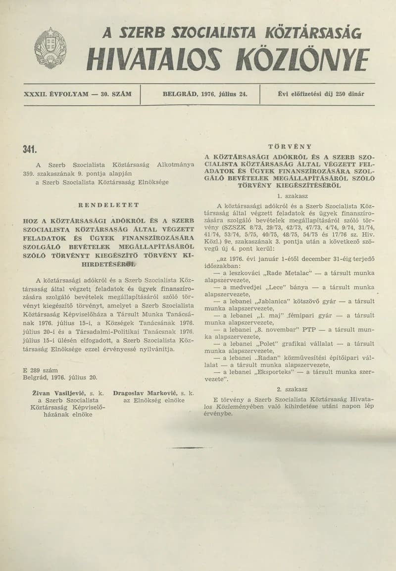 A Szerb Szocialista Köztársaság Hivatalos Közlönye, 32. évf. 1976. július 24. 30. sz. 3–4. oldal