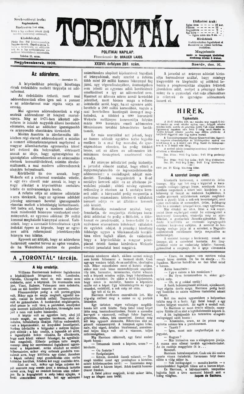Torontál, 37. évf. 1908. december 16. 288. sz.