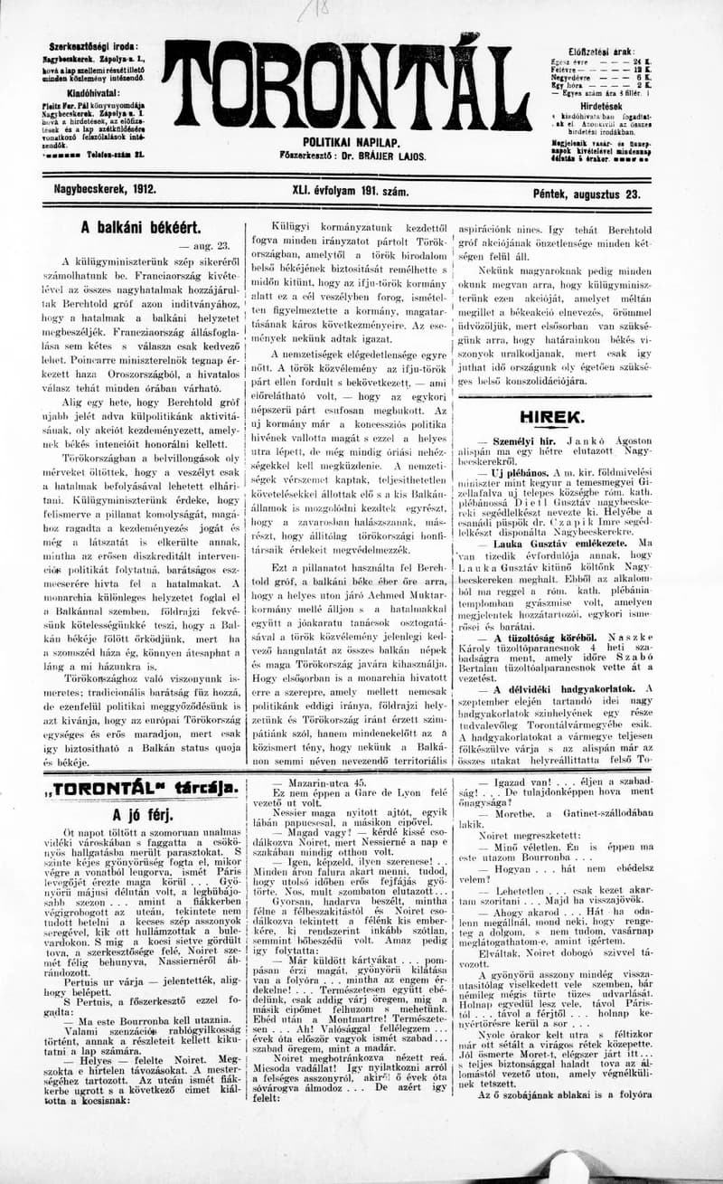 Torontál, 41. évf. 1912. augusztus 23. 191. sz.