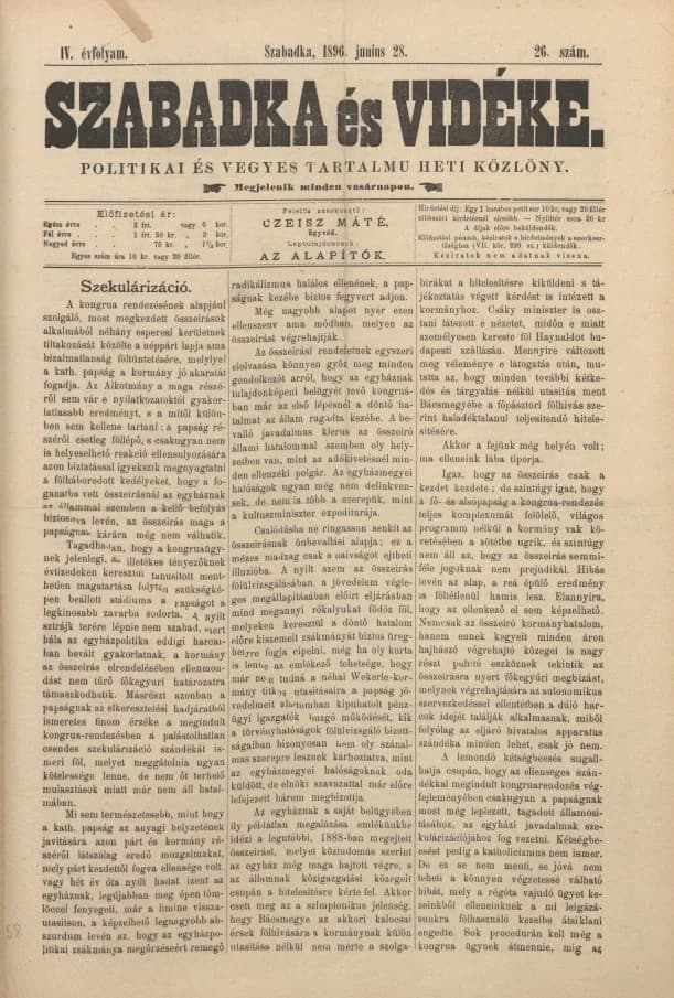 Szabadka és vidéke II, 4. évf. 1896. június 28. 26. sz.
