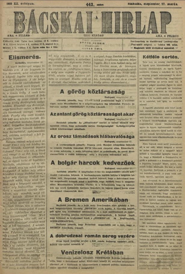 Bácskai Hirlap, 20. évf. 1916. szeptember 27. 442. sz.