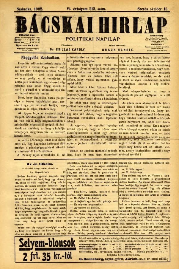Bácskai Hirlap, 6. évf. 1902. október 15. 213. sz.