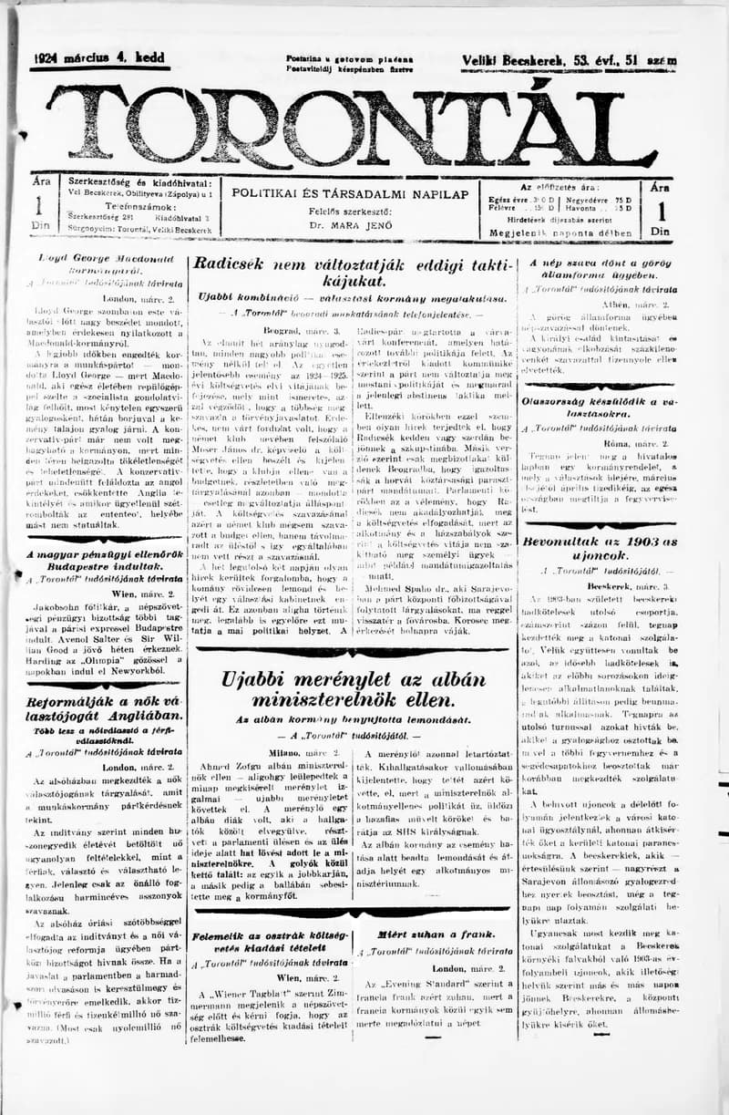 Torontál, 53. évf. 1924. március 4. 51. sz.