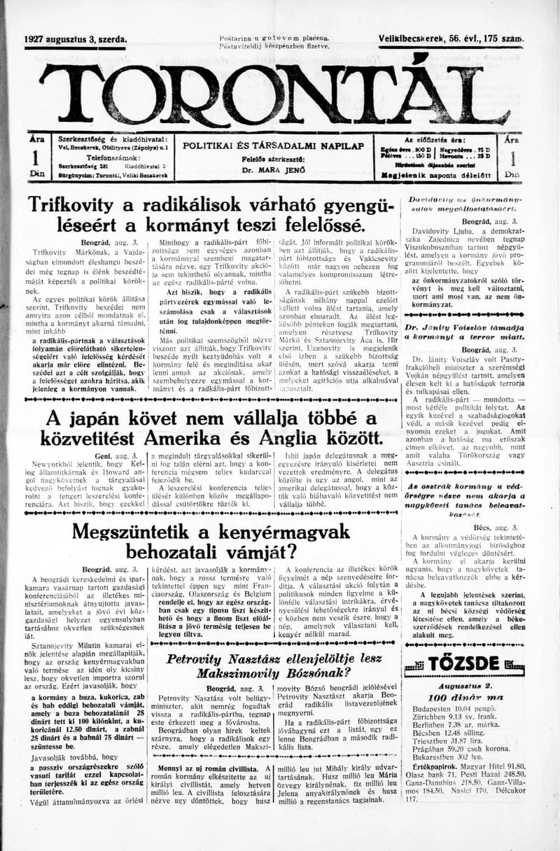 Torontál, 56. évf. 1927. augusztus 3. 175. sz.