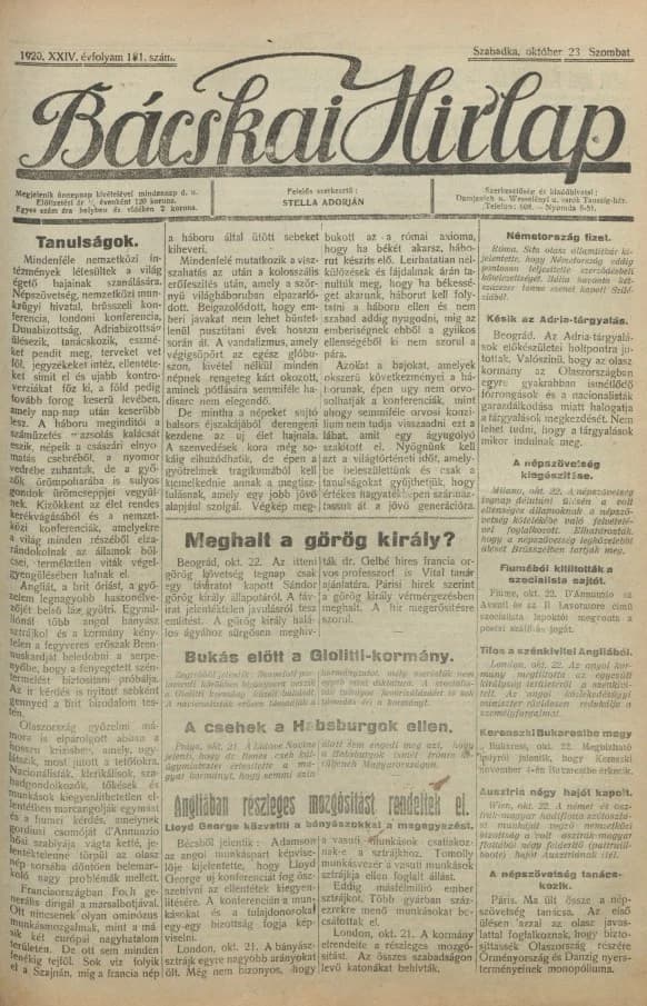 Bácskai Hirlap, 24. évf. 1920. október 23. 181. sz.