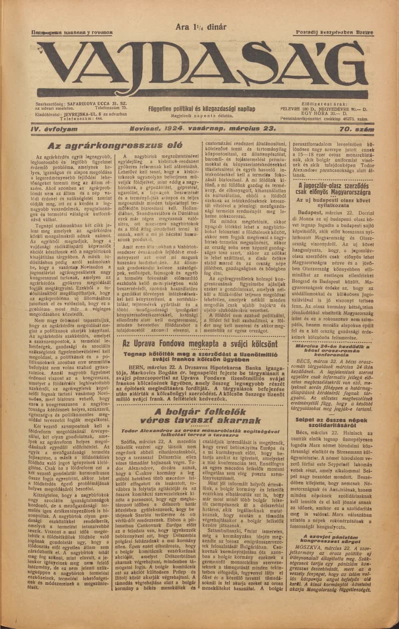 Vajdaság, 4. évf. 1924. március 23. 70. sz.