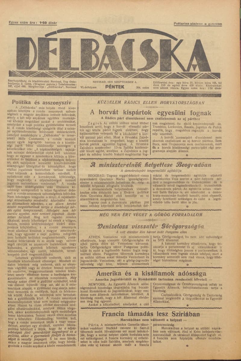 Délbácska, 6. évf. 1925. szeptember 4. 204. sz.