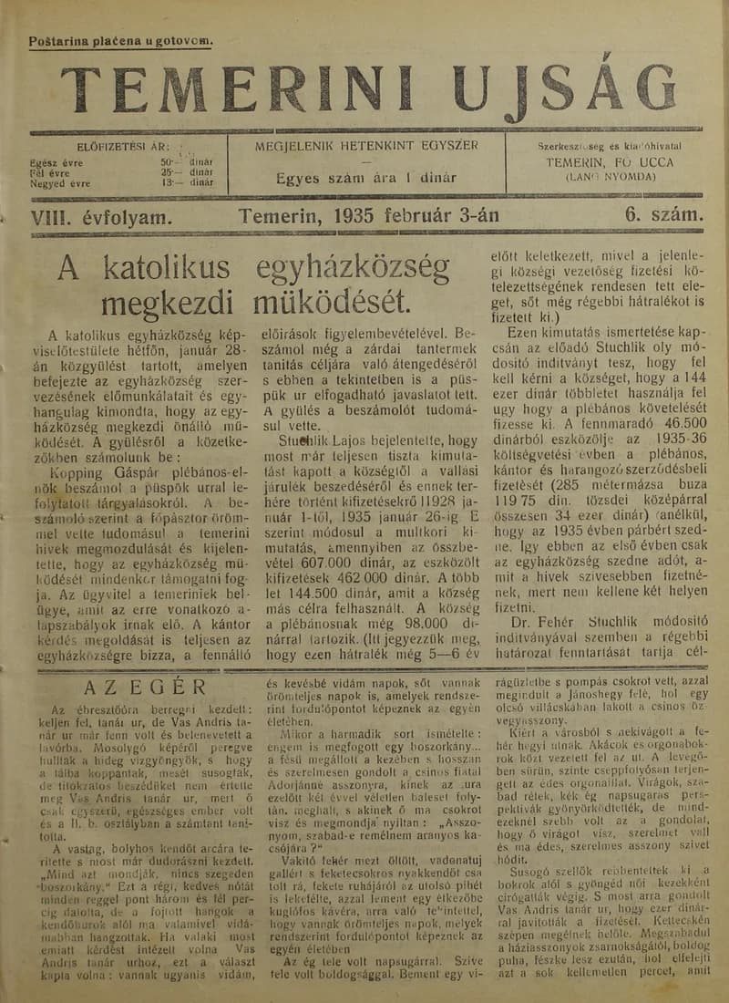 Temerini Újság 1928-1944, 8. évf. 1935. február 3. 6. sz.