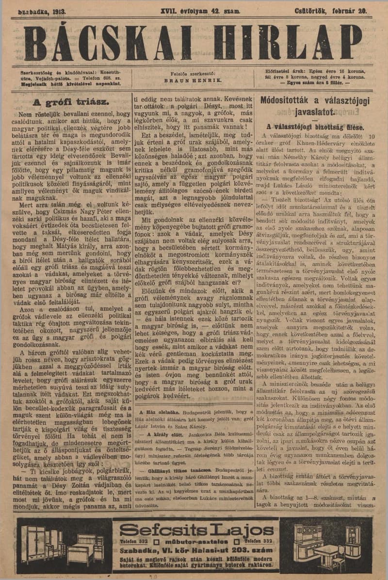 Bácskai Hirlap, 17. évf. 1913. február 20. 42. sz.
