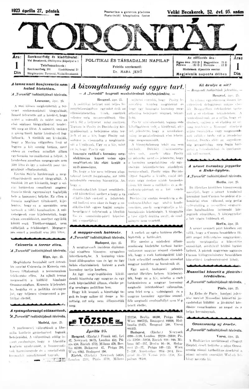 Torontál, 52. évf. 1923. április 27. 95. sz.