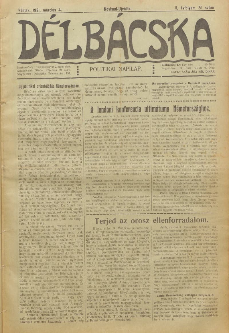 Délbácska, 2. évf. 1921. március 4. 51. sz.