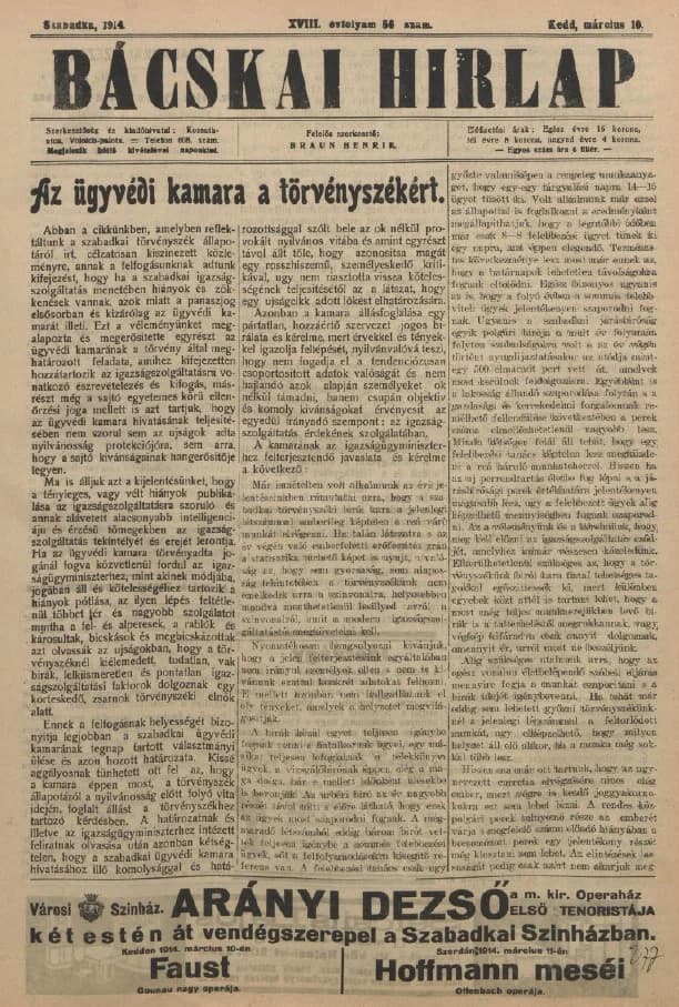 Bácskai Hirlap, 18. évf. 1914. március 10. 56. sz.