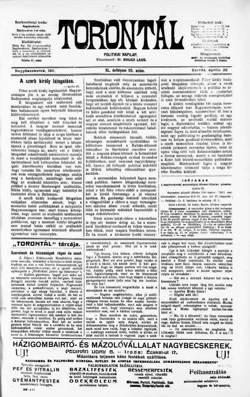 Torontál, 40. évf. 1911. április 26. 95. sz.