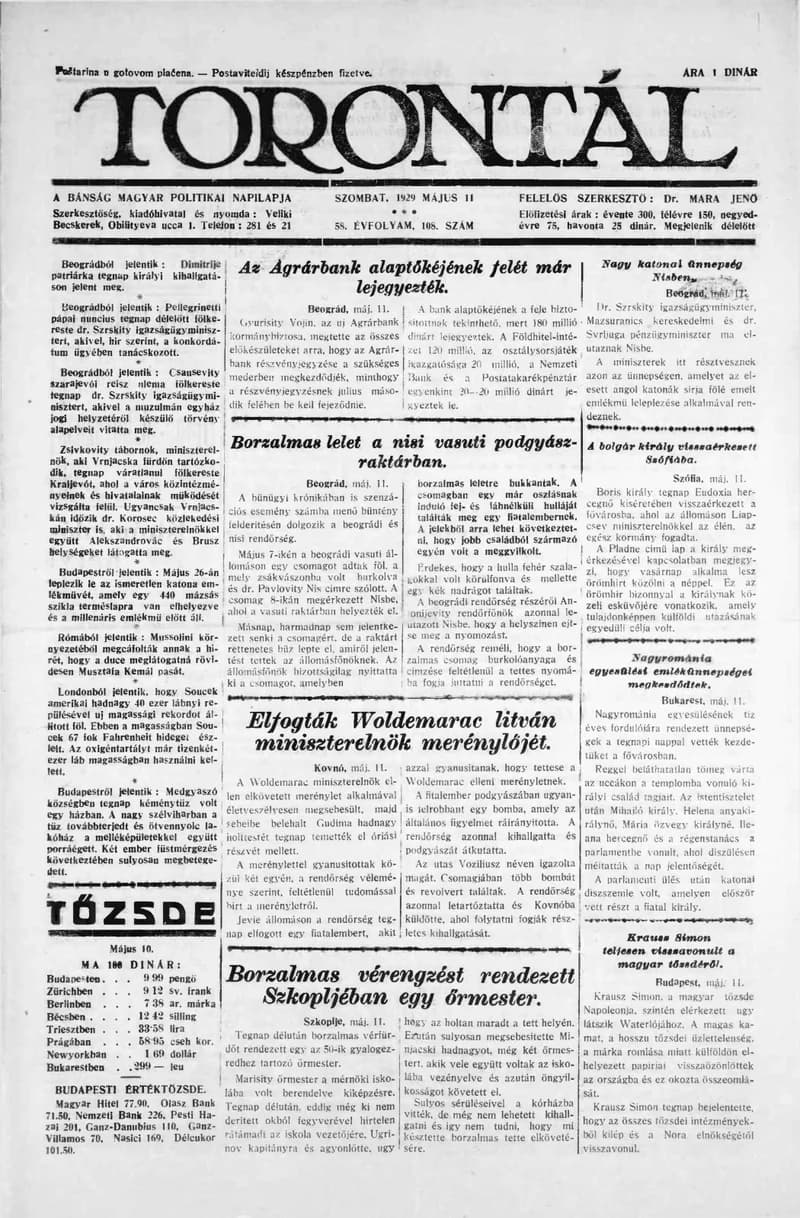 Torontál, 58. évf. 1929. május 11. 108. sz.