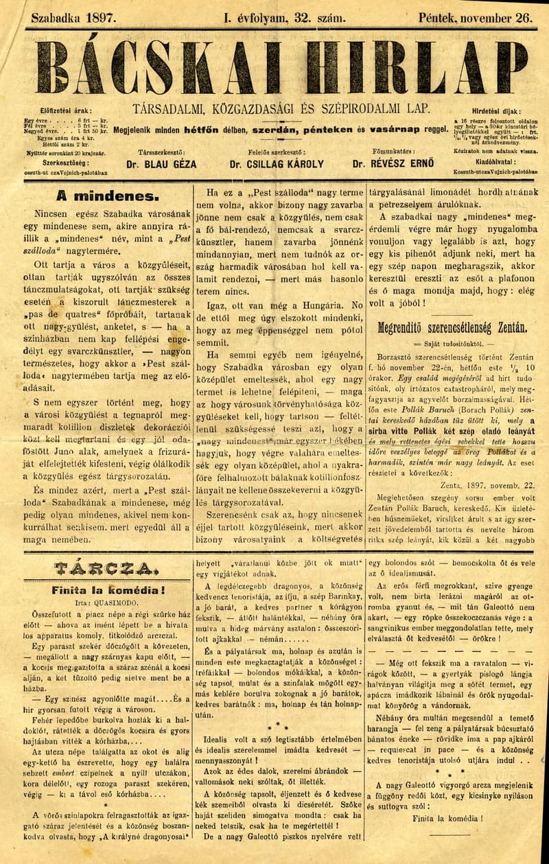 Bácskai Hirlap, 1. évf. 1897. november 26. 32. sz. 1–4. oldal