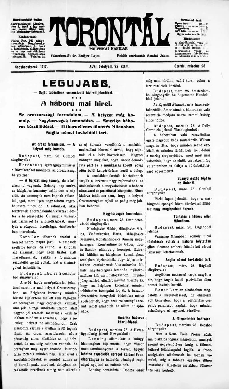 Torontál, 46. évf. 1917. március 28. 72. sz.