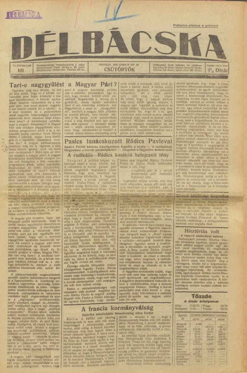 Délbácska, 6. évf. 1925. április 30. 101. sz.