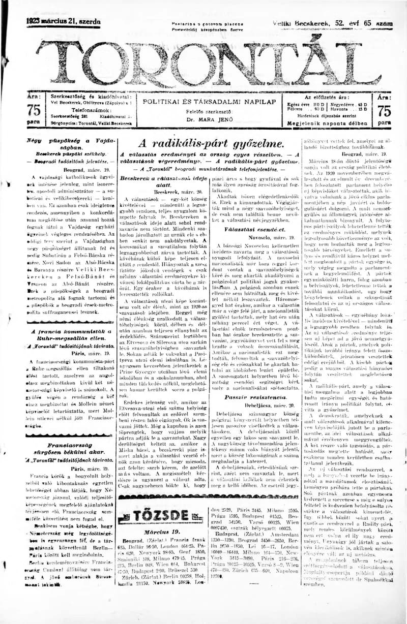 Torontál, 52. évf. 1923. március 21. 65. sz.