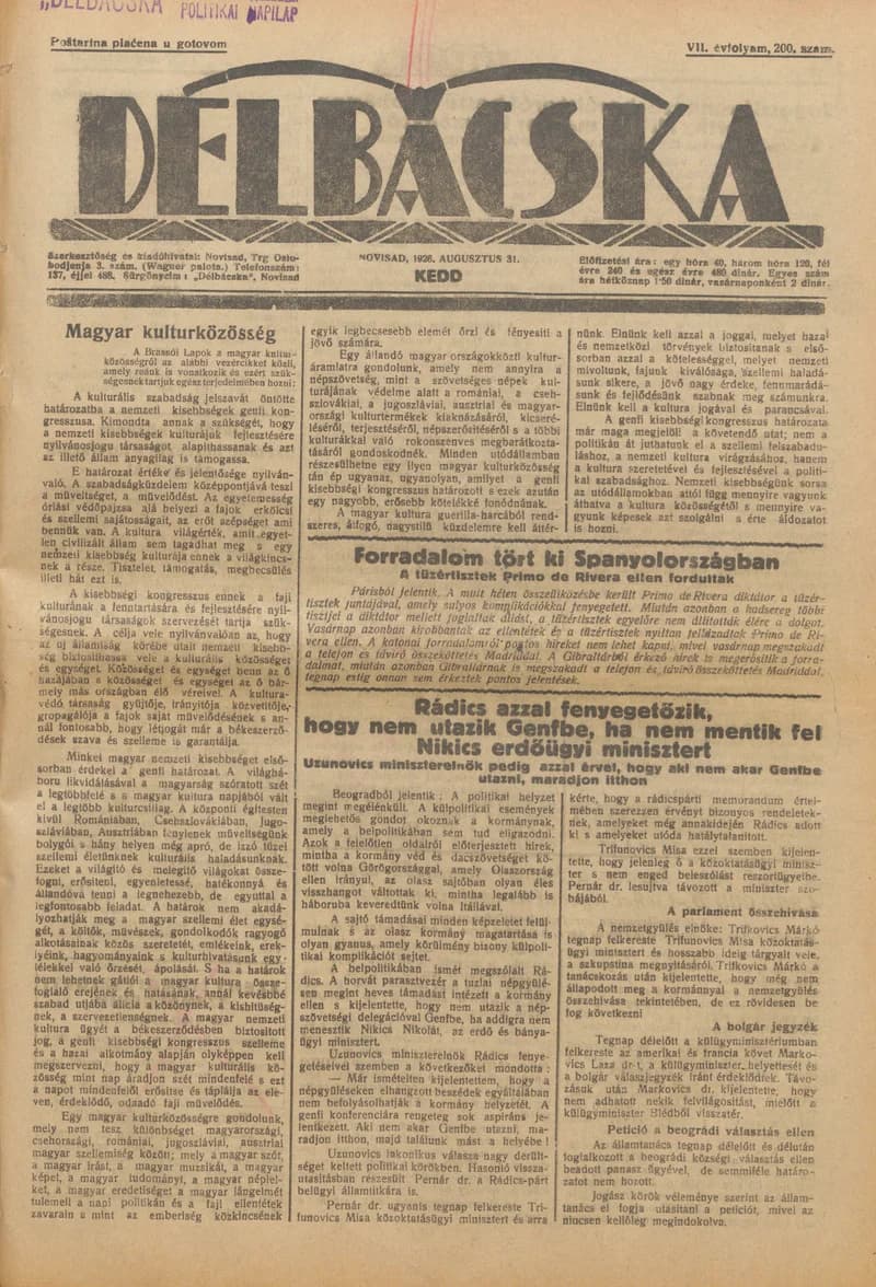 Délbácska, 7. évf. 1926. augusztus 31. 200. sz.