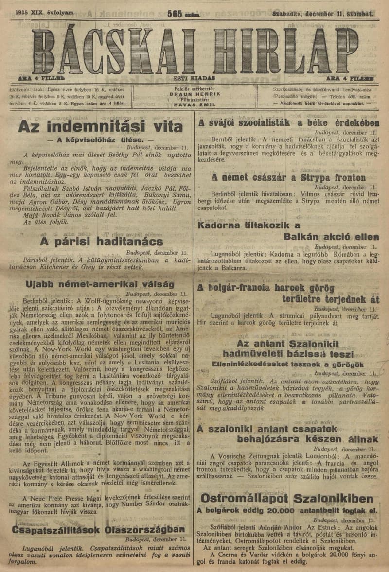 Bácskai Hirlap, 19. évf. 1915. december 11. 565. sz.