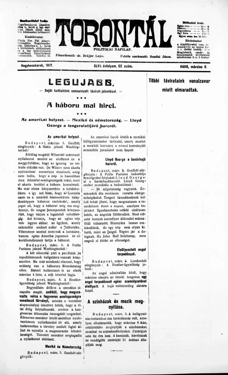 Torontál, 46. évf. 1917. március 5. 52. sz.