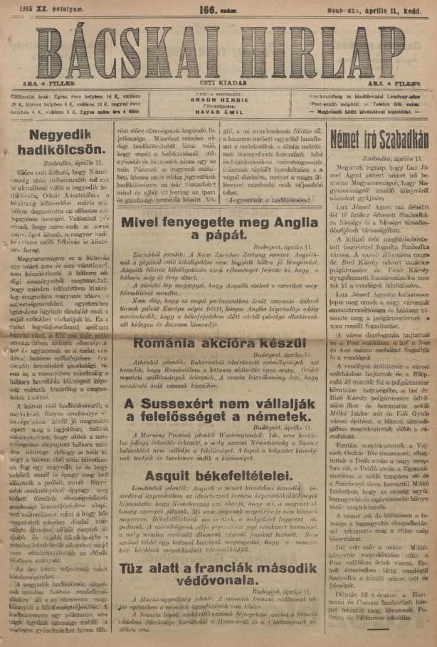 Bácskai Hirlap, 20. évf. 1916. április 11. 166. sz.