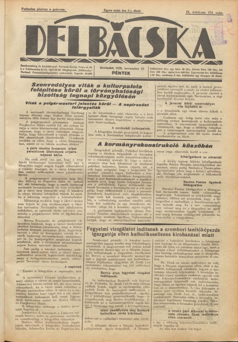 Délbácska, 9. évf. 1928. november 23. 274. sz.