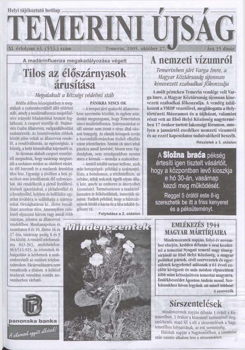 Temerini Újság, 11. évf. 2005. október 27. 43. sz.