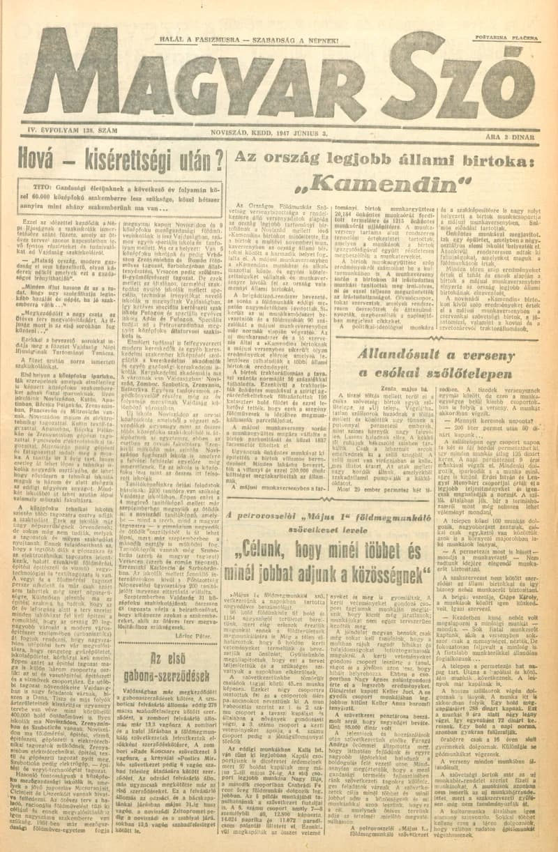 Magyar Szó, 4. évf. 1947. június 3. 138. sz. 1–6. oldal