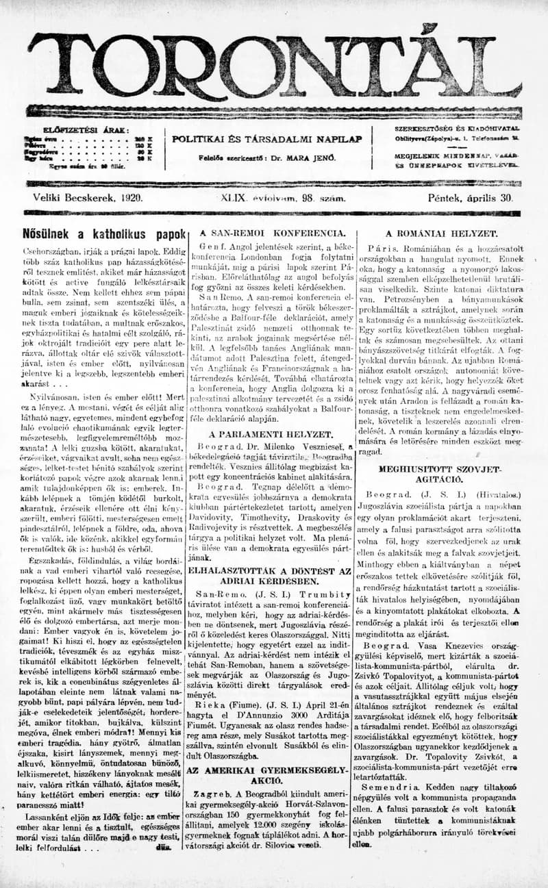 Torontál, 49. évf. 1920. április 30. 98. sz.