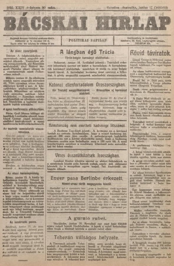 Bácskai Hirlap, 24. évf. 1920. június 17. 90. sz.