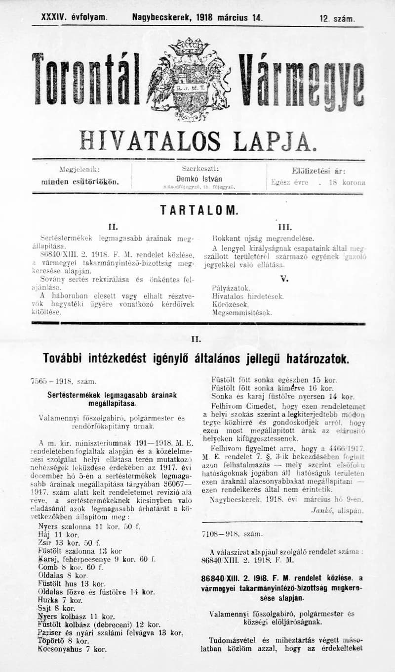 Torontál Vármegye Hivatalos Lapja, 34. évf. 1918. március 14. 12. sz.