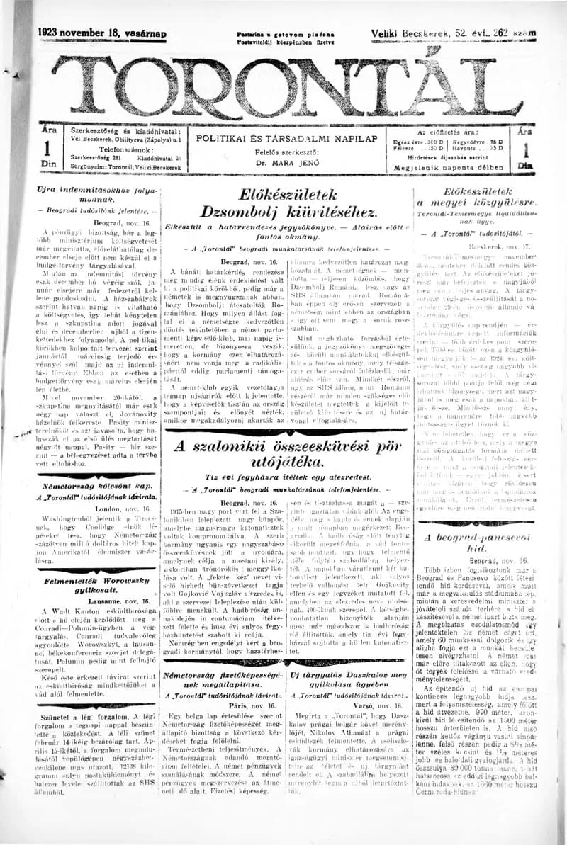 Torontál, 52. évf. 1923. november 18. 262. sz.