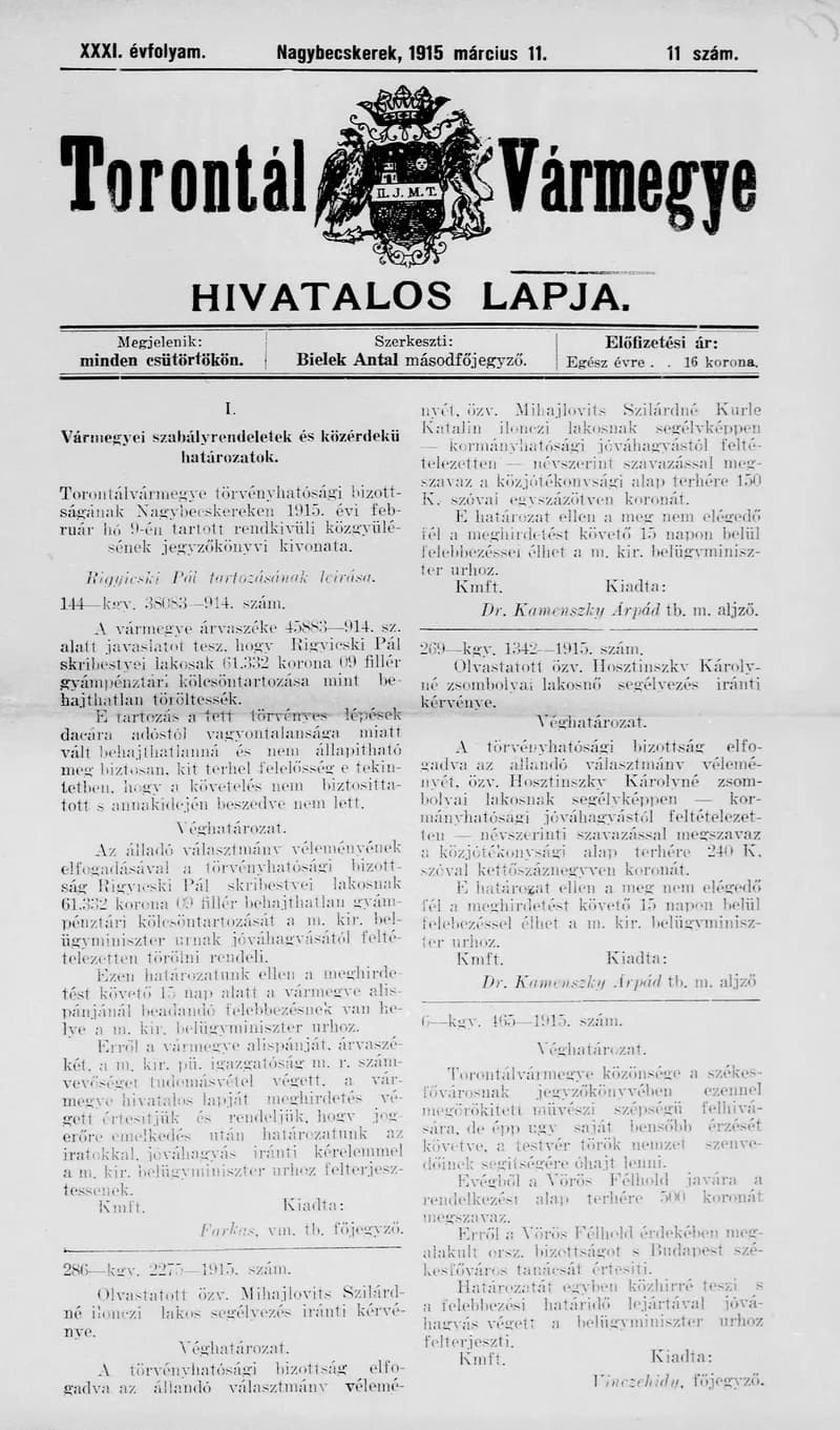 Torontál Vármegye Hivatalos Lapja, 31. évf. 1915. március 11. 11. sz.