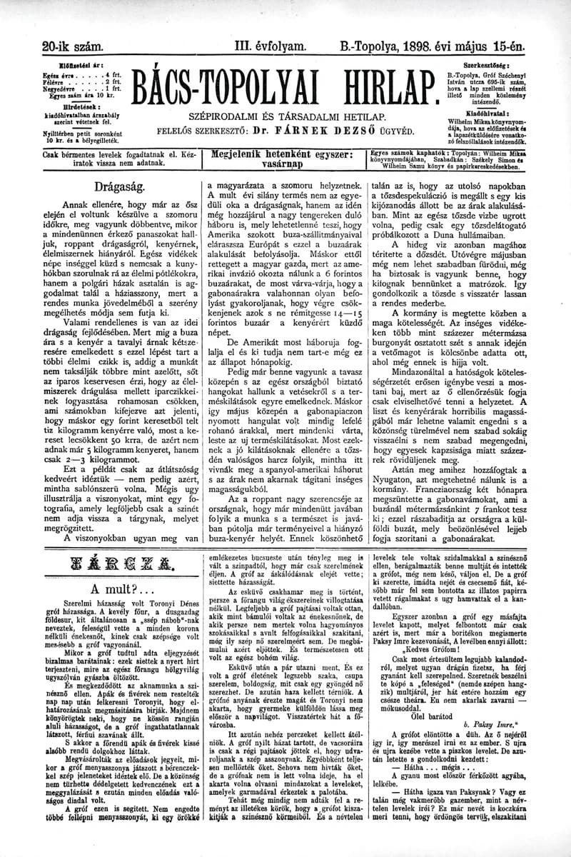 Bács-Topolyai Hirlap, 3. évf. 1898. május 15. 20. sz.